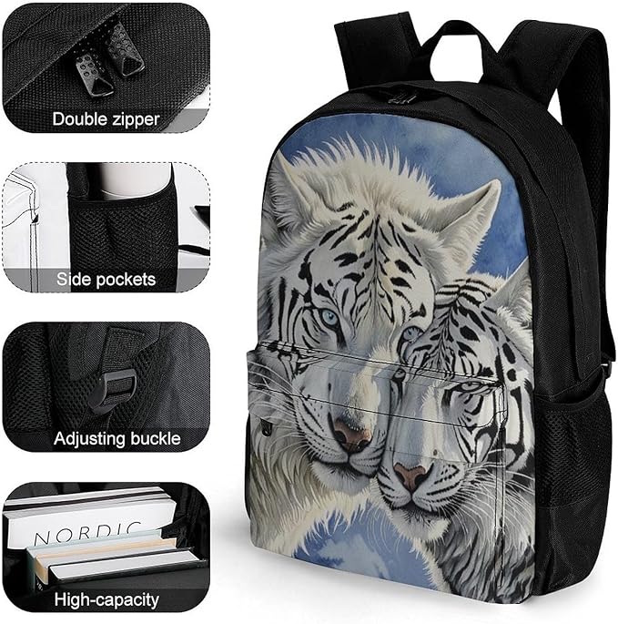 Supdreamc Rucksack Multipurpose Anti-Theft Big Capacity Shoulder Bag, White Tiger Love Travel Hiking Camping Rucksack With Side Pockets