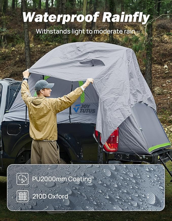 JOYTUTUS Pickup Truck Tent 2.0, Waterproof PU2000mm Double Layer for 2 Person, Portable Truck Bed Tent with Rainfly, 5.5'-5.8' Camping Preferred - Green
