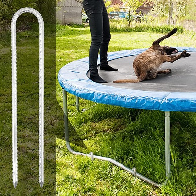 JOIKIT 12 Pack 12 Inch Silver U Shaped Trampolines Rebar Stakes, 5/16" Thick Heavy Duty Galvanized Steel Landscape Garden Ground Anchor Stakes Securing Pegs for Swing Set, Anchoring Tents, Trampoline