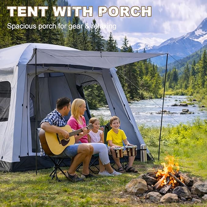 4-6 Person Camping Tent, Large Family Cabin Tents with Porch & Rainfly, Double Layer Waterproof Glamping Tent with 2 Rooms 2 Doors, Portable Big Tents for Outdoor Camping Hiking Party