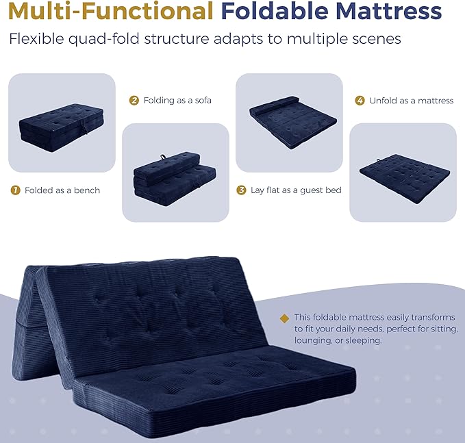 MAXYOYO Folding Mattress, 4 Inch Tufted Foldable Mattress Full Foam Bed, Tri-Fold Floor Couch with Handles Guest Bed Topper Portable Camping Mat with Corded Fabric, Queen Size, Navy