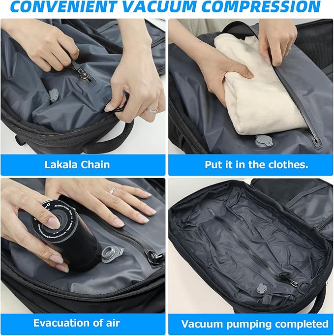 Lovvento Air Vacuum Compression Travel Backpack: Expandable Carry On Bag Vacuum with Pump Fit 17.3inch Laptop for Women and Men - Suitable for Business and Work Waterproof(Black)