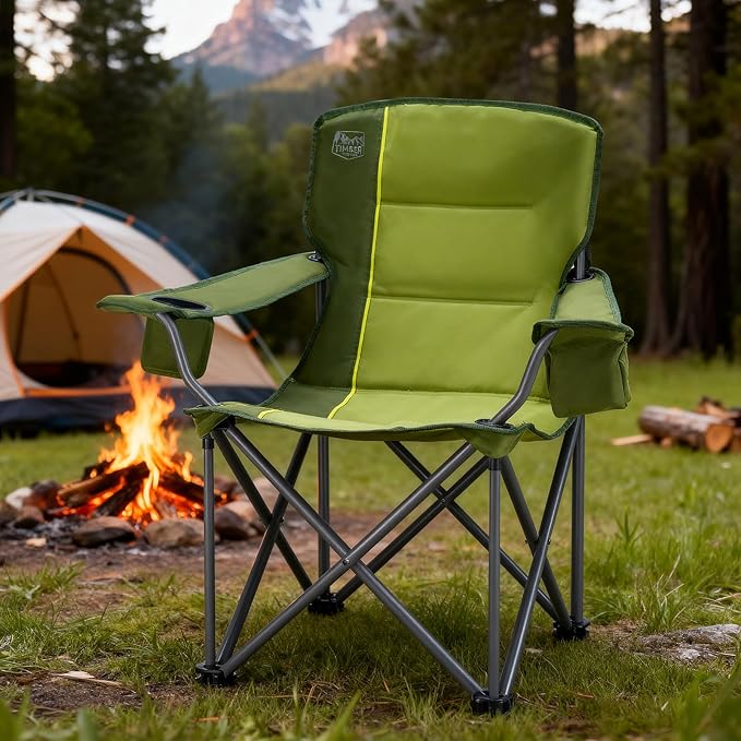 TIMBER RIDGE Oversized Folding Camping Chair for Adults, Support 550 LBS Heavy Duty with Cup Holder Side Pocket for Camp, Lawn, Picnic, Green, 2 Pack