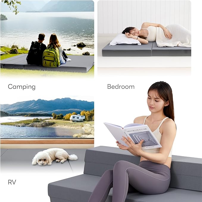 LIKIMIO Folding Mattress Twin, High Density Foam Mattress with Breathable and Washable Cover & Storage Bag, 4 Inch Foldable Mat Topper for Camping, RV and Yoga, Handle Design, Gray