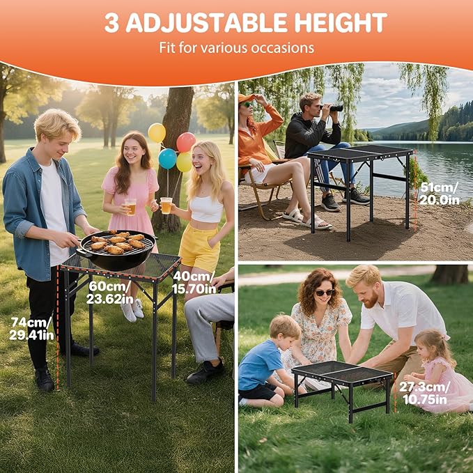 FUNYKICH Folding Grill Table for Outside(23''x16''), Max Height 29.4'' Portable Camping Tables(3 Adjustable Height), Lightweight Aluminum BBQ Table with Portable Handle for Camping, Picnic, BBQ, Black