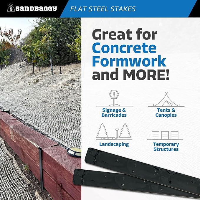 Sandbaggy Flat Steel Stakes for Concrete Forms with Nail Holes - 1.5" Wide - Painted - Removable, Reusable, V Point End - Construction Grade Stakes (20, 30 inch)