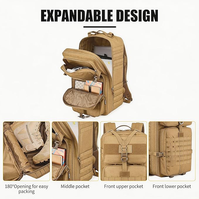 Tactical Backpack for Men, 50L/60L/70L Expandable Military tactical Backpack, Waterproof MOLLE Hiking & Camping Rucksack with Water Bottle Bag, Assault Pack & Bug Out Bag for Outdoor