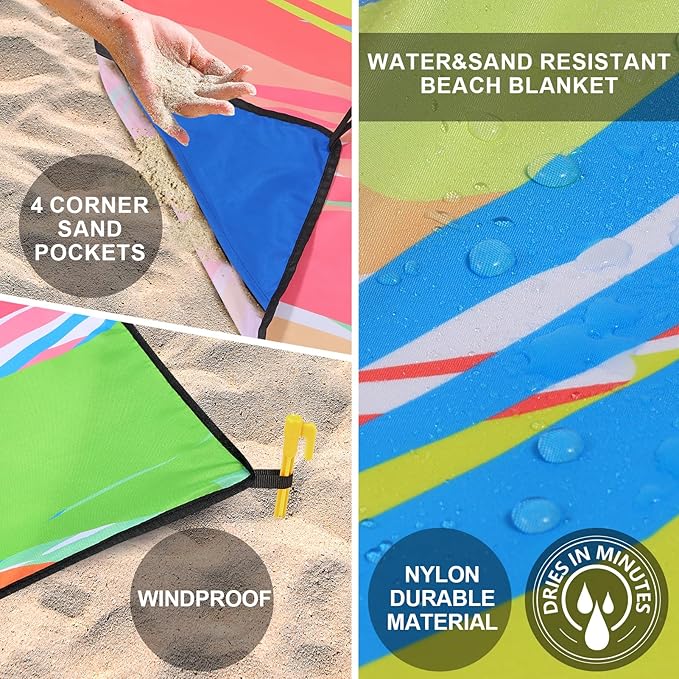 Beach Blanket, Sandproof Beach Mat, Waterproof Quick Drying Lightweight Outdoor Aztec Picnic Mat 79" X 83"/120"x108" for 2-8 Adults for Travel, Camping, Hiking