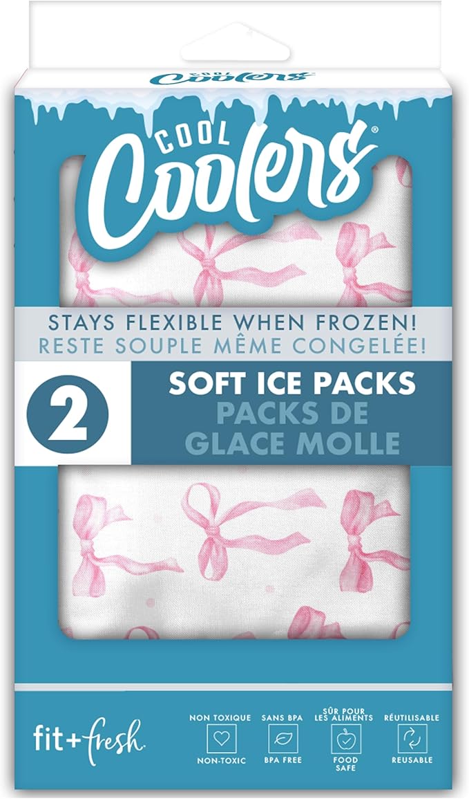 Fit & Fresh Cool Coolers 2 Pack Soft Ice for Lunch Bags, Flexible Stretch Nylon, Durable, Reusable Lunch Box Ice Packs, Soft Ice, Reusable Freezer Packs, Lunch Ice, Easy to Clean, Pink Bows