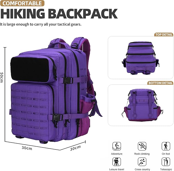 45L Military Tactical Backpacks 3 Days Assault Pack Bag Fitness Rucksack 3 Day Bug Out Bag Hiking Treeking Molle Daypack (Purple)