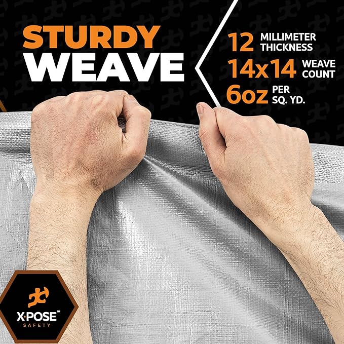 Heavy Duty Silver Poly Tarp 7' X 20' - Multipurpose Protective Cover - Durable, Waterproof, Weather Proof, Rip and Tear Resistant - Extra Thick 12 Mil Polyethylene - by Xpose Safety