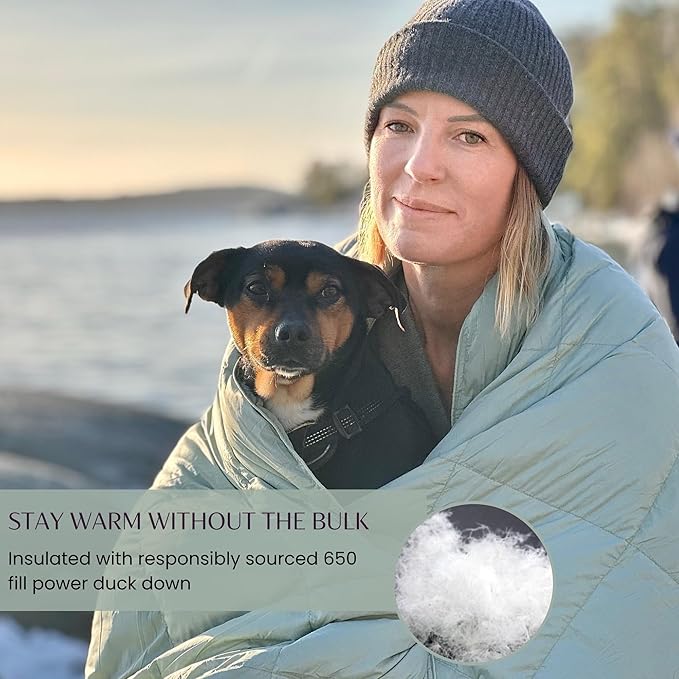 Down Camping Blanket with Footbox – Lightweight, Packable, Water Resistant Backpacking Quilt & Warm Puffy Compact Outdoor Throw – 52x77 with Stuff Sack for Stadium, Hiking & Travel