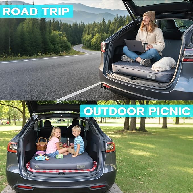 UPWELL Self Inflating Sleeping Pad Truck Camping Thick Mattress for Tesla Model Y Solid Foam 4 Season Car Bed Mattress Portable Roll Up Bed Grey，with air Pump