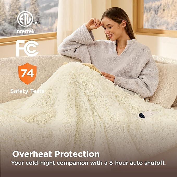 Bedsure Faux Fur Heated Blanket Twin Size, Fast Heating Fluffy Electric Blanket, Heating Blanket Twin Size with 10 Time Settings & 6 Heat Settings, Cozy Gifts for Women Men (62x84 inches, Cream)