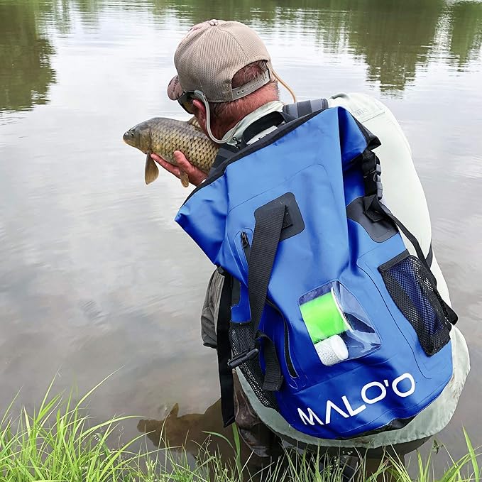 Malo’o DryPack 30L Waterproof Backpack, Roll-Top Dry Bag Backpack with Padded Straps, Floating Design for Beach, Kayaking, Fishing, Boating, Travel, and Water Sports, Dark Blue