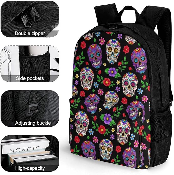 Men Women Polyester Purple Mexican Sugar Skulls Day Of The Dead Floral Flowers Art Daypack Backpack Large Capacity Carry On Bag With Smooth Zippers for Hiking Picnic Walking Cycling