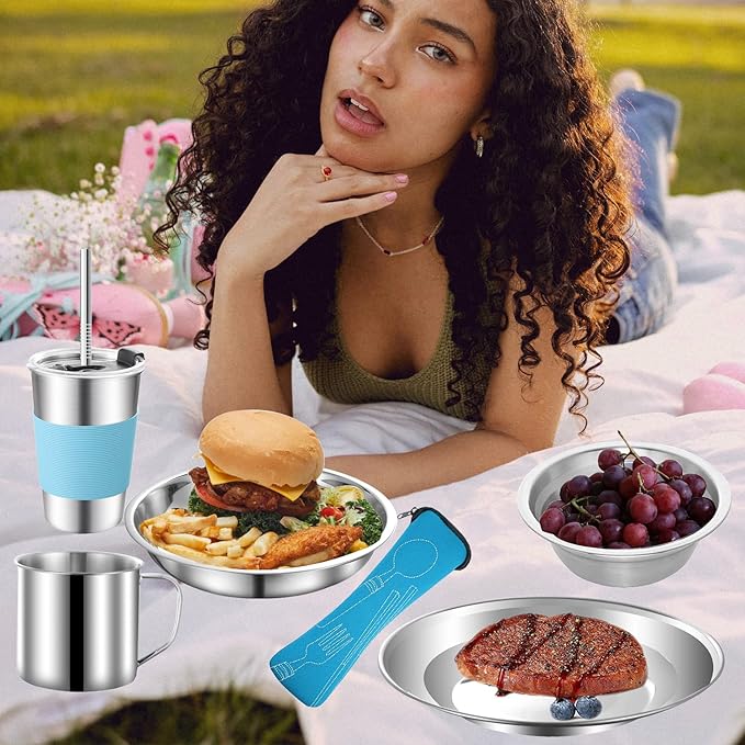 12Pcs Camping Mess Kit Camping Dishes Set Stainless Steel Tableware Mess Kit Includes Plate Bowl Cup Spoon Fork Knife in Mesh Bags for Camping Backpacking & Hiking for 1 Person