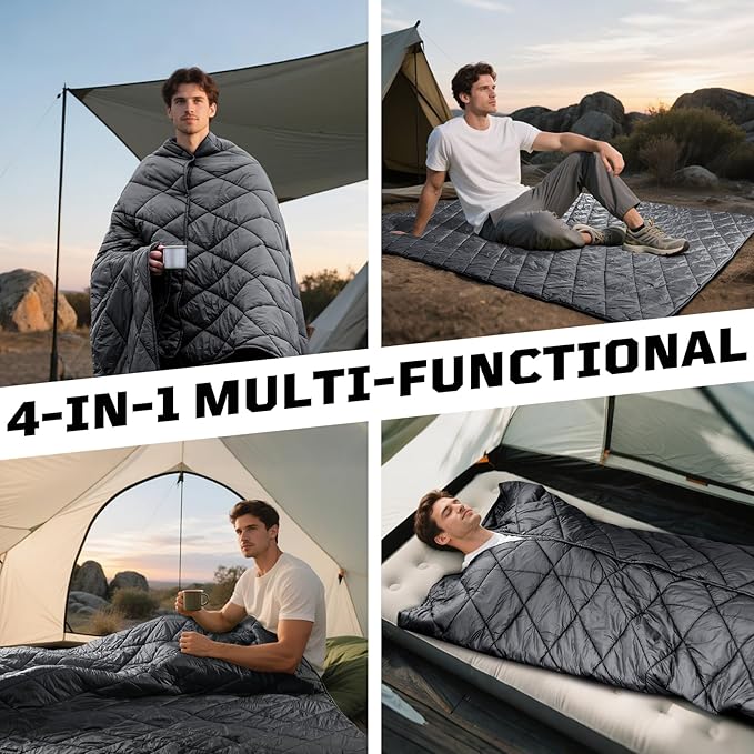 Camping Blanket - Packable, Ultra Warm and Lightweight with Snap Button Backpacking Quilt Water-Resistant, for Sleeping, Outdoors, Travel, and Indoor Use - Large/Gray