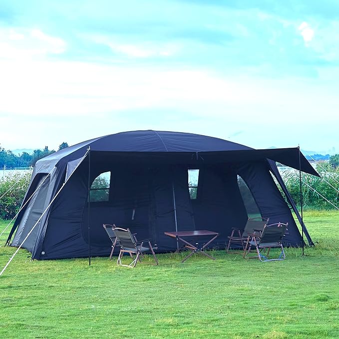 KTT Extra Large Tent 12-14 Person,Family Cabin Tents,2 Rooms,Straight Wall,2 Doors 4 Windows with Mesh,Waterproof,Straight Wall,Big Tent for Outdoor,Picnic,Camping,Gathering(Brown)