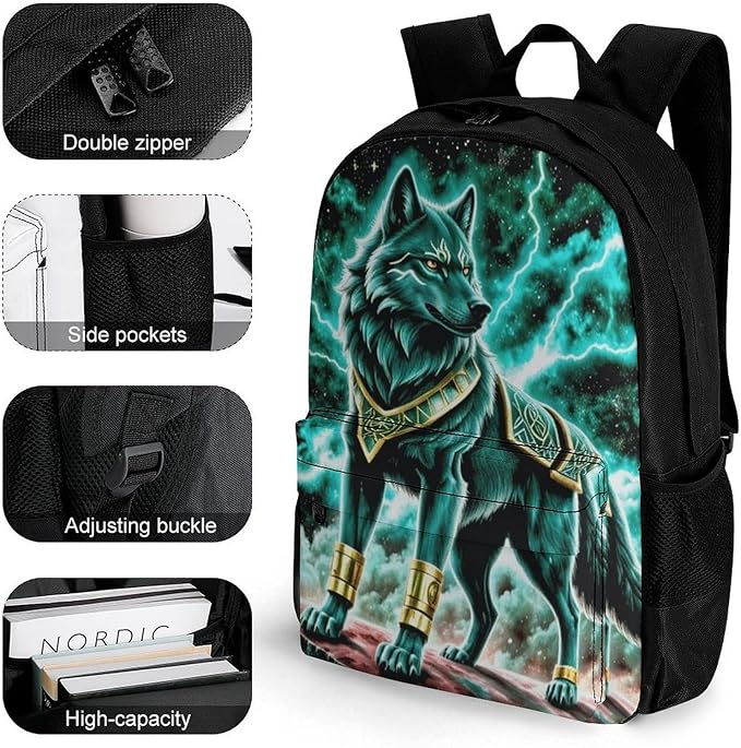 Lightweight Daypack Bookbag for Trekking Business Walking Cycling, Big Capacity Anti-Theft Multipurpose Carry On Bag, Mountain And Northern Light Wolves Psychedelic Business Computer Bag