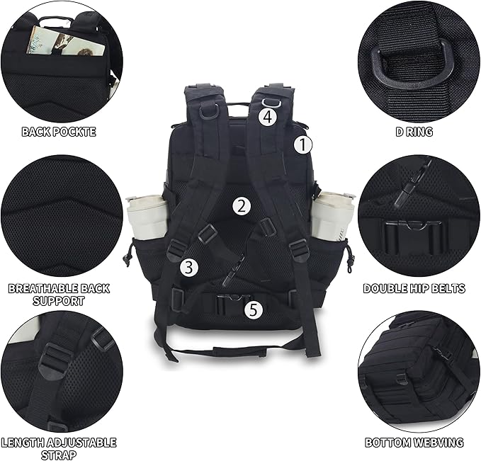 25L/45L Tactical Backpack Military Tactical Backpack Heavy Duty Molle Assault Pack for Work Gym Outdoors (1.0 25L-black, Small)