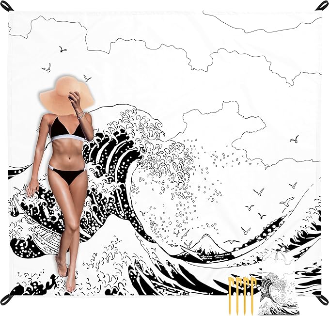 Beach Blanket, Large Sandproof & Waterproof Picnic Blankets, Quick Drying Sand Free Lightweight Beach Mat with 4 Stakes & Pockets for Outdoor Travel Camping Hiking Vacation Essentials - The Great Wave