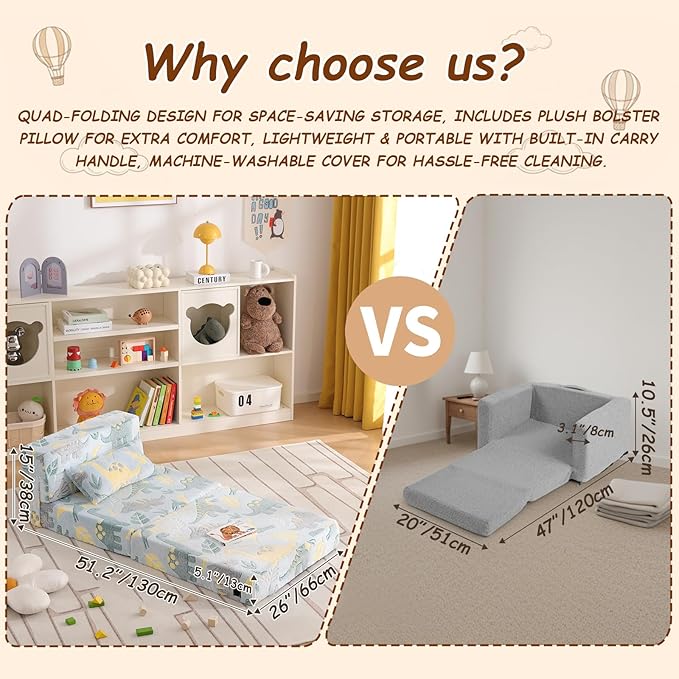 Folding Sofa Bed Floor Mattress for Kids with Pillow, Toddler Glow in Dark Washable Couch Folding Mat for Daycare, Child Dinosaur Chair with Storage Bag for Playroom, Camping, Green
