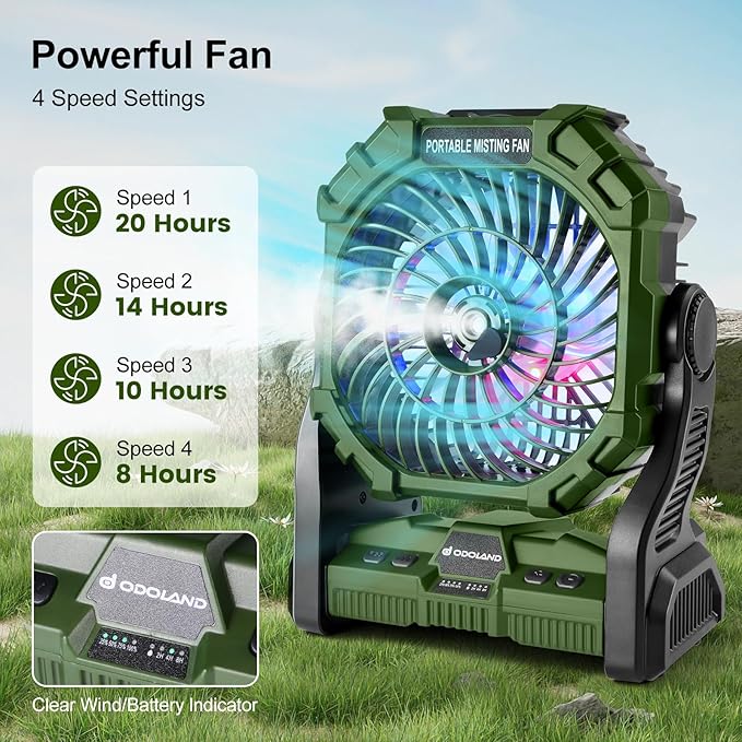 Odoland Portable Misting Fan, Camping Fan with Light & 250mL Water Tank,10000mAh Battery Operated Rechargeable Mister Tent Fans with Hook, Cooling Mist Fans for Outdoor Patios Beach RV Car Summer