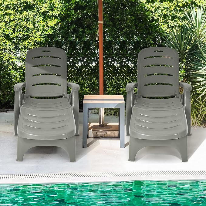 Tangkula Outdoor Chaise Lounge Chair, Adjustable 5-Position Recliner Chair with Built-in Wheels, Weather-Resistance Folding Lounge for Patio, Backyard, Poolside and Beach (2, Grey)