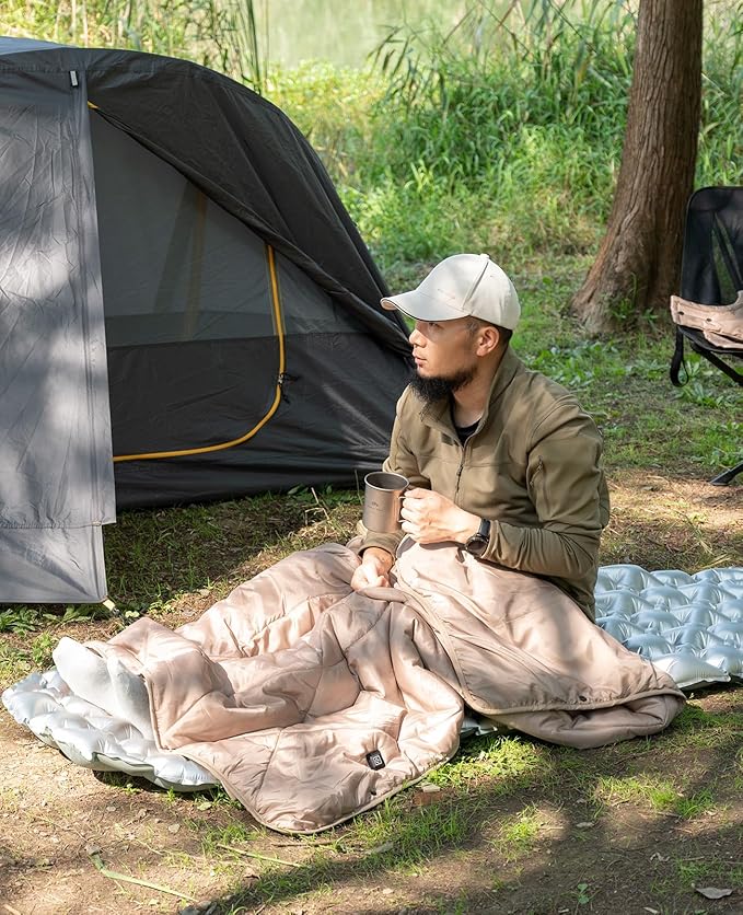 iClimb Heated Camping Blanket with Hood and Battery Pack (Khaki)