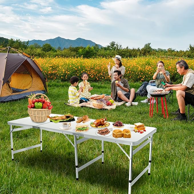 Camping Table 6FT Folding Table Large 3 Adjustable Height Portable Picnic Table Camp Aluminum Outdoor Picnic BBQ White