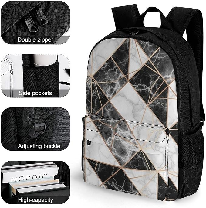 Men Women Polyester Rose Gold Glitter Marble Geometric Triangle Daypack Big Capacity Shoulder Bag With Adjustable Shoulder Straps for Camping Travel Walking Cycling