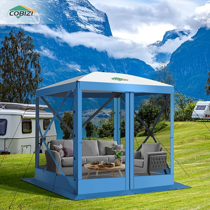 COBIZI Pop Up Gazebo Screen Tent Screen House for Camping, 6FTx6FT Screen Room with Mosquito Netting, Hub Tent Instant Screened Canopy with Carrying Bag and Ground Stakes, Blue