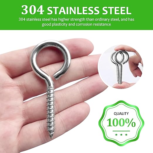 M5 10 Pcs 304 Stainless Steel Screws Eye,2.56 Inch Screw Self Tapping Eye,Load Bearing 200LB, Duty Eye Bolt for Wood Securing Cables Wire,Indoor & Outdoor Use (10, M5 2.56 Inch)