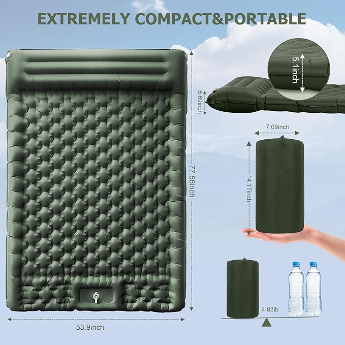5.1" Thick Double Sleeping Pad with Foot Pump & Pillow, 77.5x53.9 2-Person Air Mattress for Camping, Ultralight & Compact for Backpacking, Hiking, Car Travel，Military Green