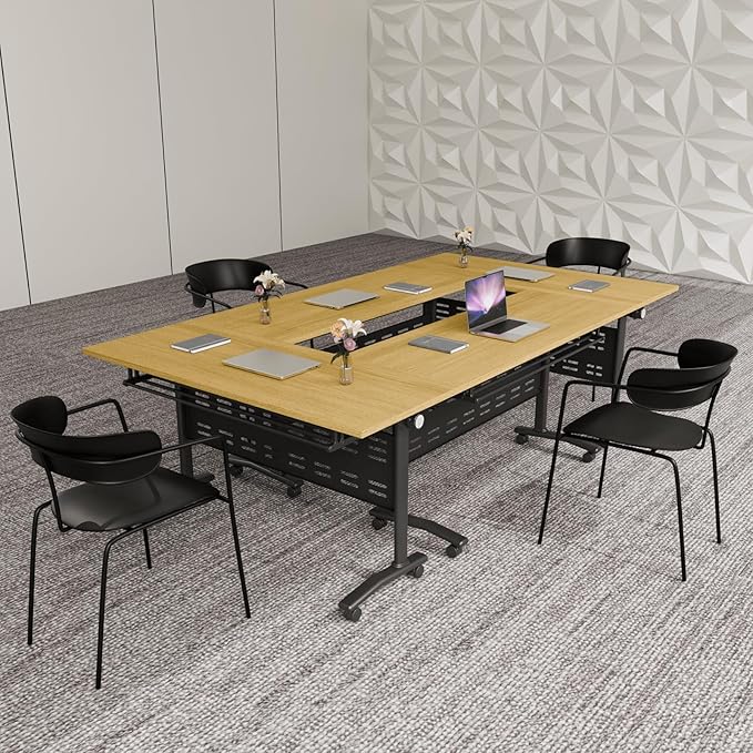 Modular Conference Room Table, Folding Seminar Desk with Wheels, Large Mobile Office Meeting Table for Classroom Training, Flip-Top Stackable Conference Tables,8 Packs Maple Color