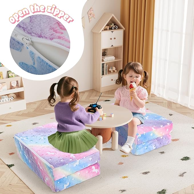 MeMoreCool Kids Folding Mattress, Trifold Mat Foldable Floor Mattress for Kids, 63x26 Portable Floor Mat with Washable Cover and Carry Bag, 4 Inch Foam Medium Firmness, Rainbow
