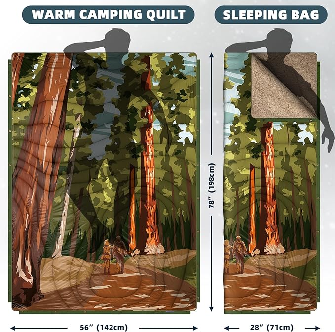 Outdoor Camping Blanket with Sherpa Lining, Extra Warm Thick Camp Blankets and Puffy Ultralight Soft Poncho DWR Camping Quilt for Cold Weather, Adventure, Sleeping, Backpacking 78"x 56"