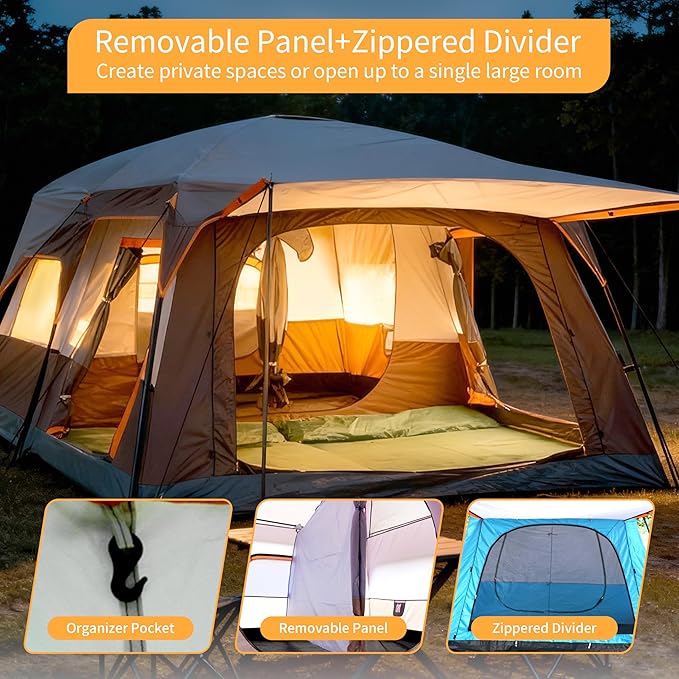 Large Family Standing Upright Camping Tent - 5-12 Persons Multi-Room Waterproof Tent with Screened Porch - Glamping Tent for Outdoor Camping & Family Vacation