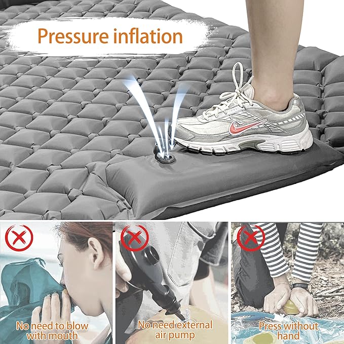 ONTYZZ Double Ultralight Inflatable Sleeping Mat 2 Person Camping Sleeping Pad Waterproof Sleeping Pad Built-in Foot Pump for Camping, Grey