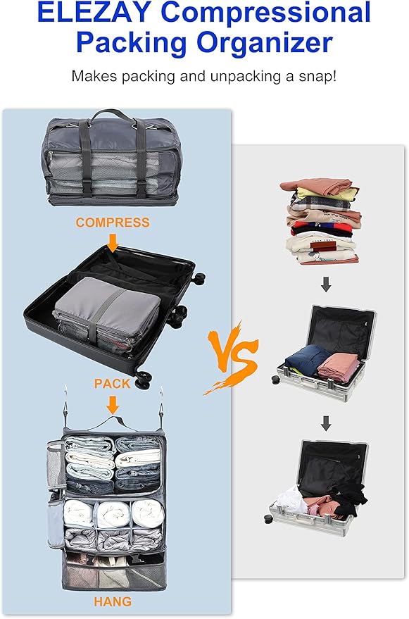 ELEZAY Hanging Packing Cubes Portable Closet 3-Shelf Travel Collapsible Compression Garment Organizer for Carry-on Luggage Suitcase Space Saver Bag XX-Large_No Side Pockets, Gray