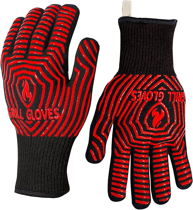 QUWIN BBQ Gloves, BBQ Accessories 1472℉ Extreme Heat Resistant, Grilling Gloves Silicone Non-Slip Oven Mitts, Kitchen Gloves for BBQ, Grilling, Cooking, Baking-1 Pair 11inch, Red
