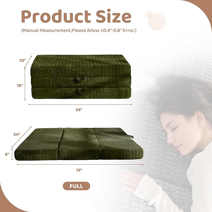 BYBYME Memory Foam Tri-Folding Mattress, 6 Inch Gel Folding Mattress Topper, Foldable Soft Guest Bed Camping Pad, with Washable Cover