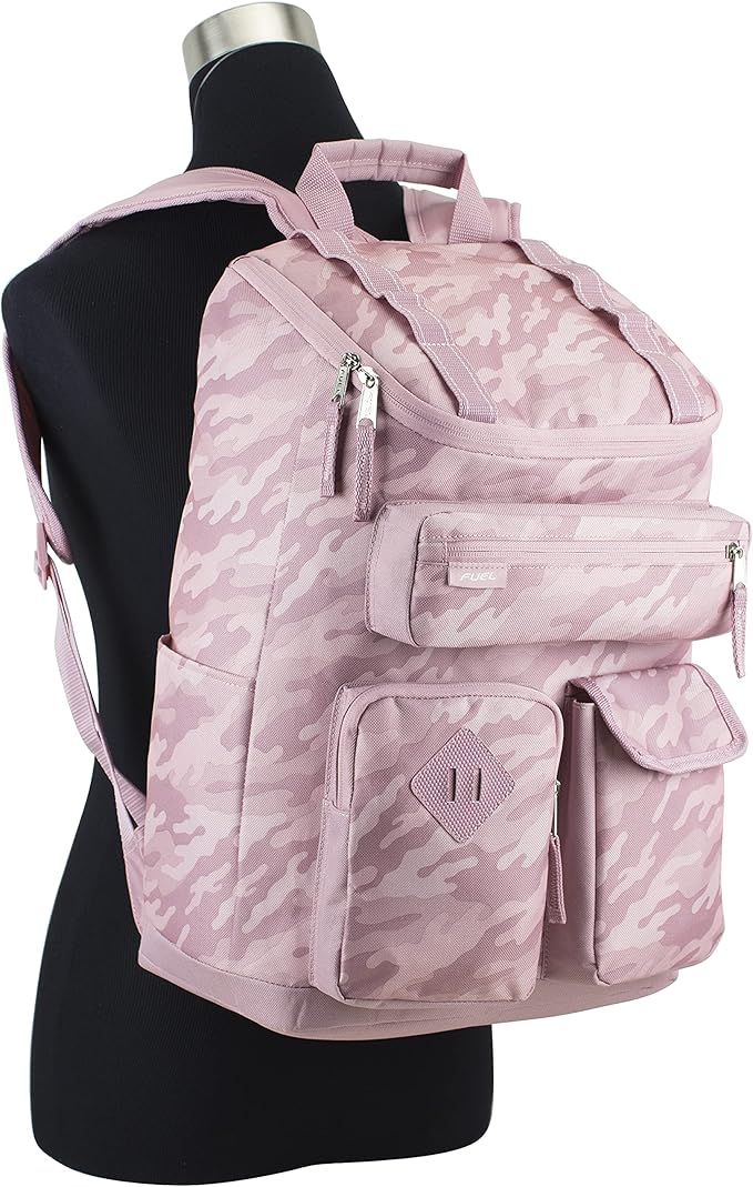 FUEL Multi-Pocket Cargo Travel Backpack Luggage Bag with Top-Loader Entry, Pink Camo