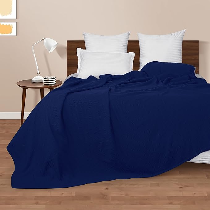 BOUTIQUO 100% Cotton Bed Blanket, Breathable Thermal Twin Size, Soft Honeycomb Waffle Blanket 60"x90", Perfect for Layering Any Bed for All Season, Navy Blue