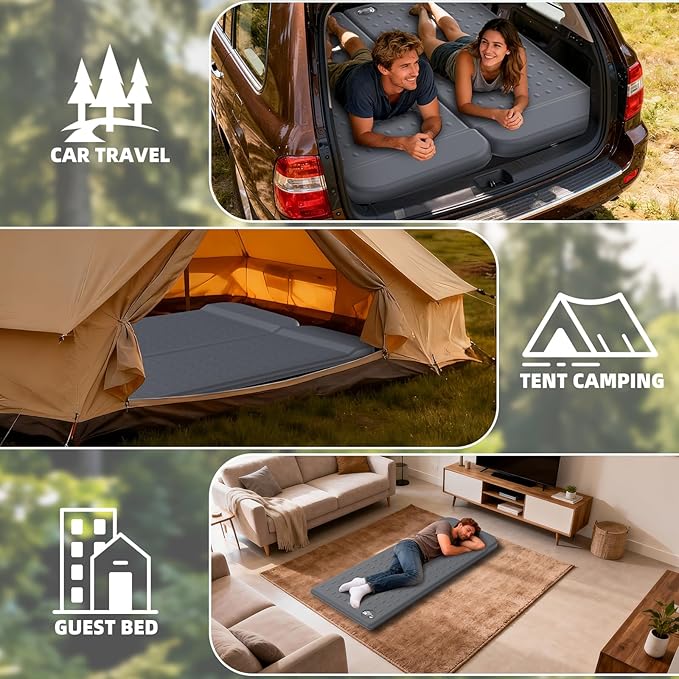KASIMO Memory Sleeping Pad for Camping, 3" Compact Ultra-Thick Foam Sleeping Mats with Pillow, 9.5 R-Value Insulated Camping Mattress Pad or Car Travel Backpacking Tent,Home