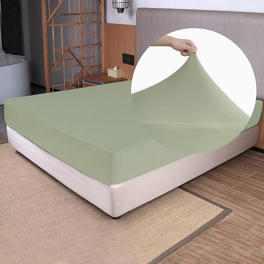 Soft Stretch Queen Size Fitted Sheet Only - Jersey Knit & Cozy T-Shirt Like, 4-Way Stretchy Snug Fit & Wrinkle Free, No More Slipping Mattress Sheets - Sage Green, Queen
