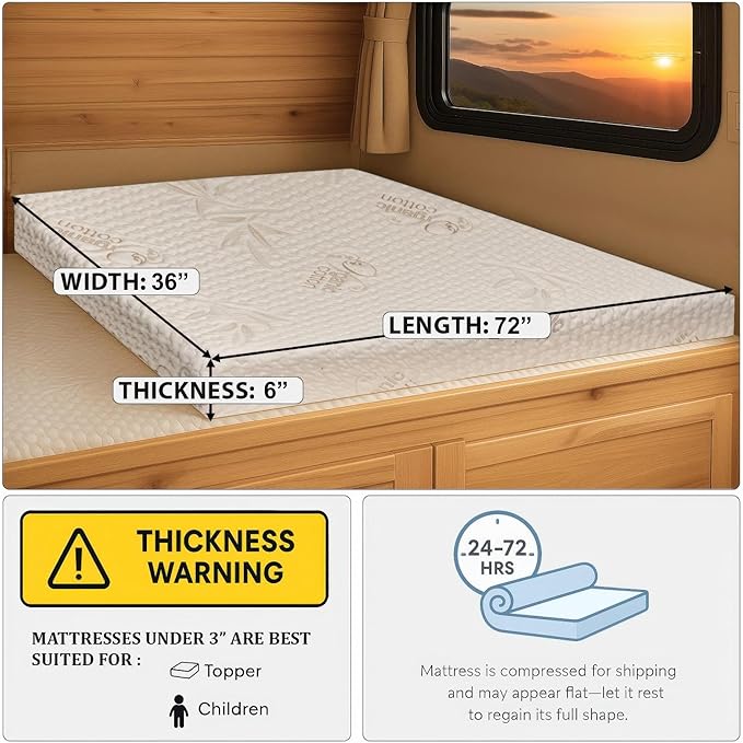 Foamma 6” x 36" x 72", Medium Firm with Gel Memory Foam (Organic Cotton Cover), Mattress Replacement for RV Bunk, Camper, Truck & Travel Trailer, Back Support, CertiPUR-US Certified, Made in USA.
