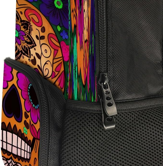 Daypack Backpack Polyester Multipurpose Anti-Theft Grunge Mexican Sugar Skulls Day Of The Dead Flowers Art Shoulder Bag Big Capacity Gym Outdoor Hiking Backpack With Smooth Zippers