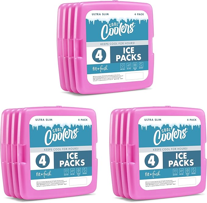 Cool Coolers by Fit + Fresh, Reusable & Long-Lasting Slim Ice Packs, Cold Packs for Cooler, Flat ice Packs for lunchbags. Cooler Accessories for Lunchboxes, Camping, Beach,Lunch, & Work, 12PK, Purple